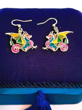 Bonsny Dragon Enamel Dangle Earrings Colorful 3D Silver Tone Wire Drop Jewelry